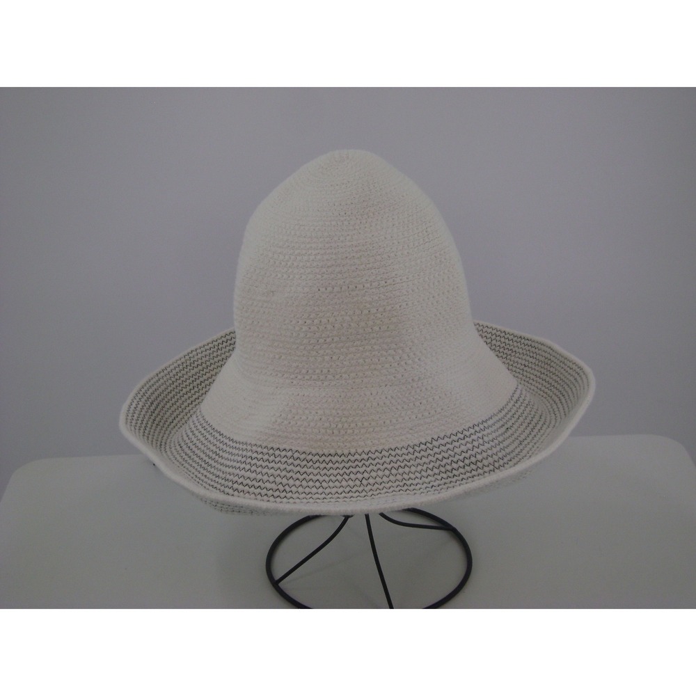 J.Crew Womens Packable Woven Sun Hat Cream White Navy Zigzag Stitch Floppy M/L‎